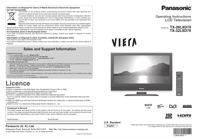 Imagen de la primera página del manual del dispositivo Viera TX-26LXD70