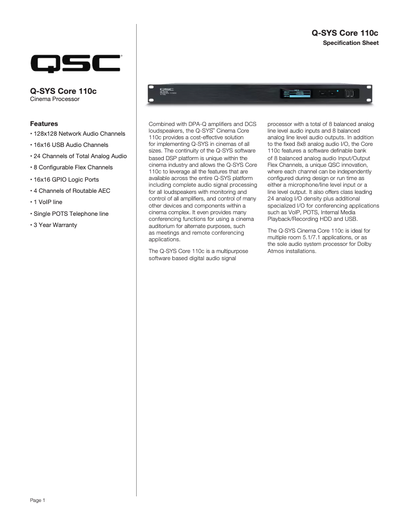 Página nº 1 - Ficha técnica QSC Cinema Core 110c