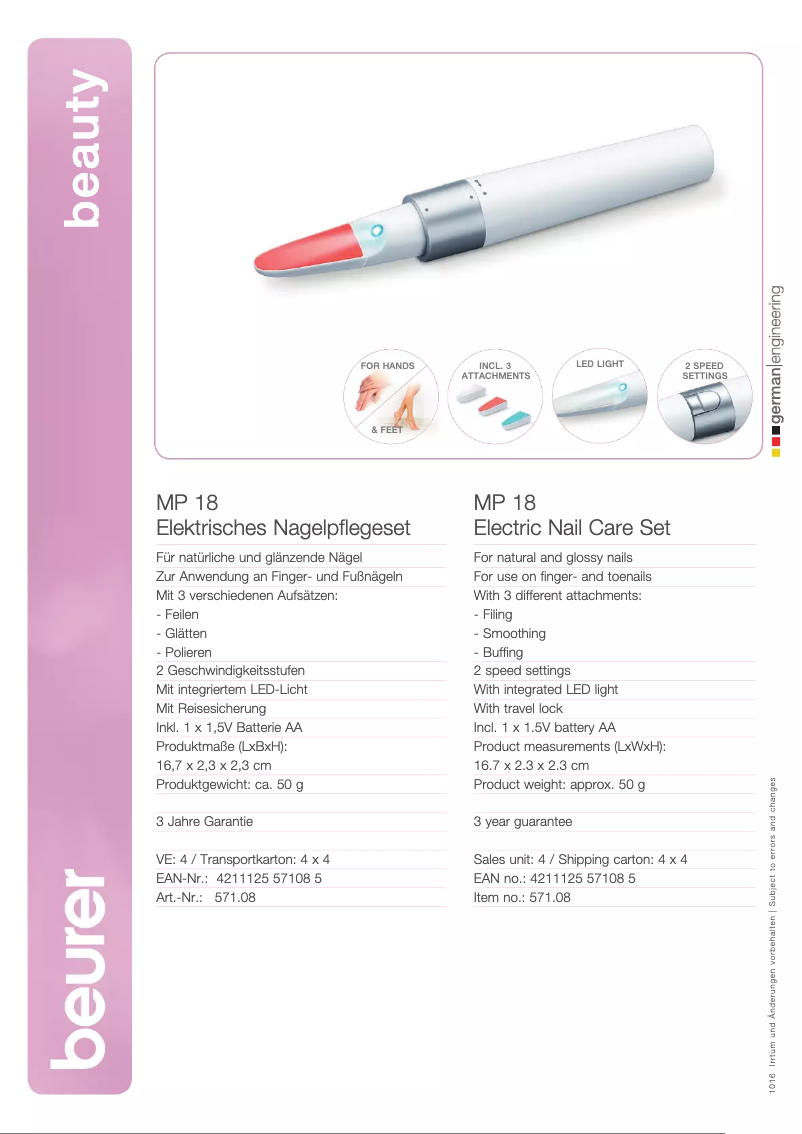 Página 1 del manual Ficha técnica Beurer MP 18