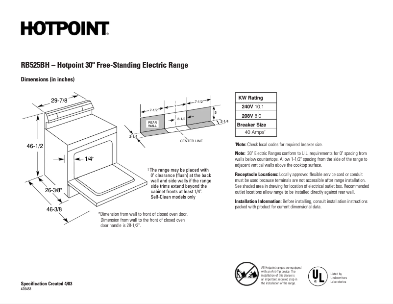Página 1 del manual Ficha técnica Hotpoint RB525BHCT