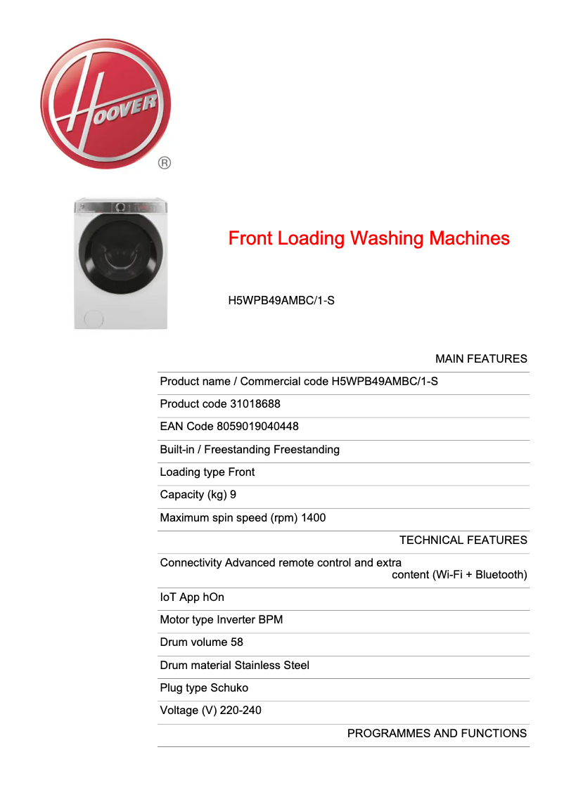 Página 1 del manual Ficha técnica Hoover H5WPB49AMBC/1-S