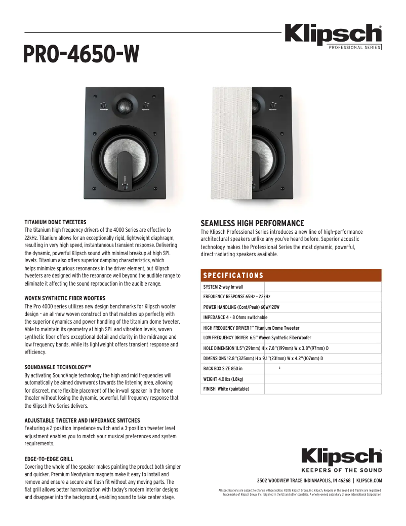 Página 1 del manual Ficha técnica Klipsch PRO-4650-W