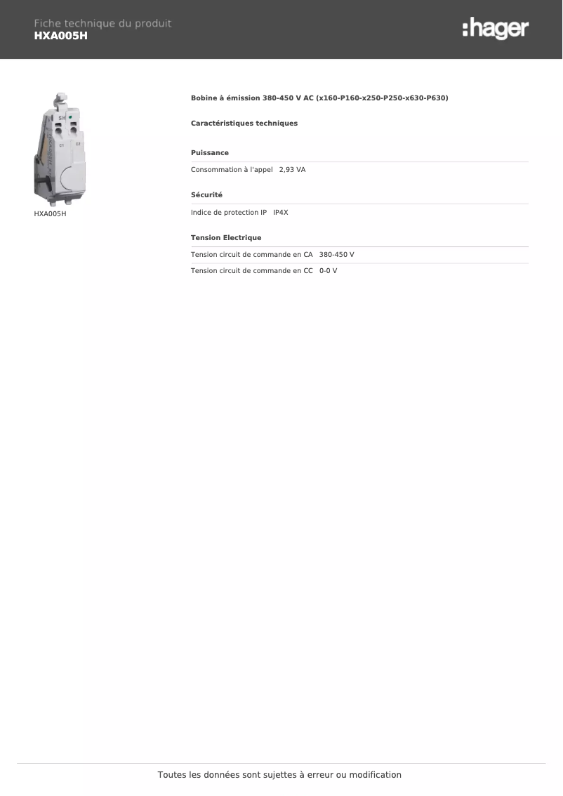 Página 1 del manual Ficha técnica Hager HXA005H