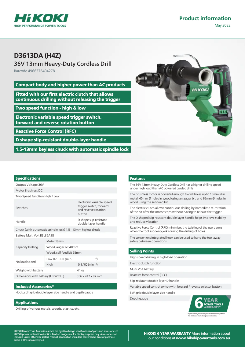 Página 1 del manual Ficha técnica HiKOKI D3613DA