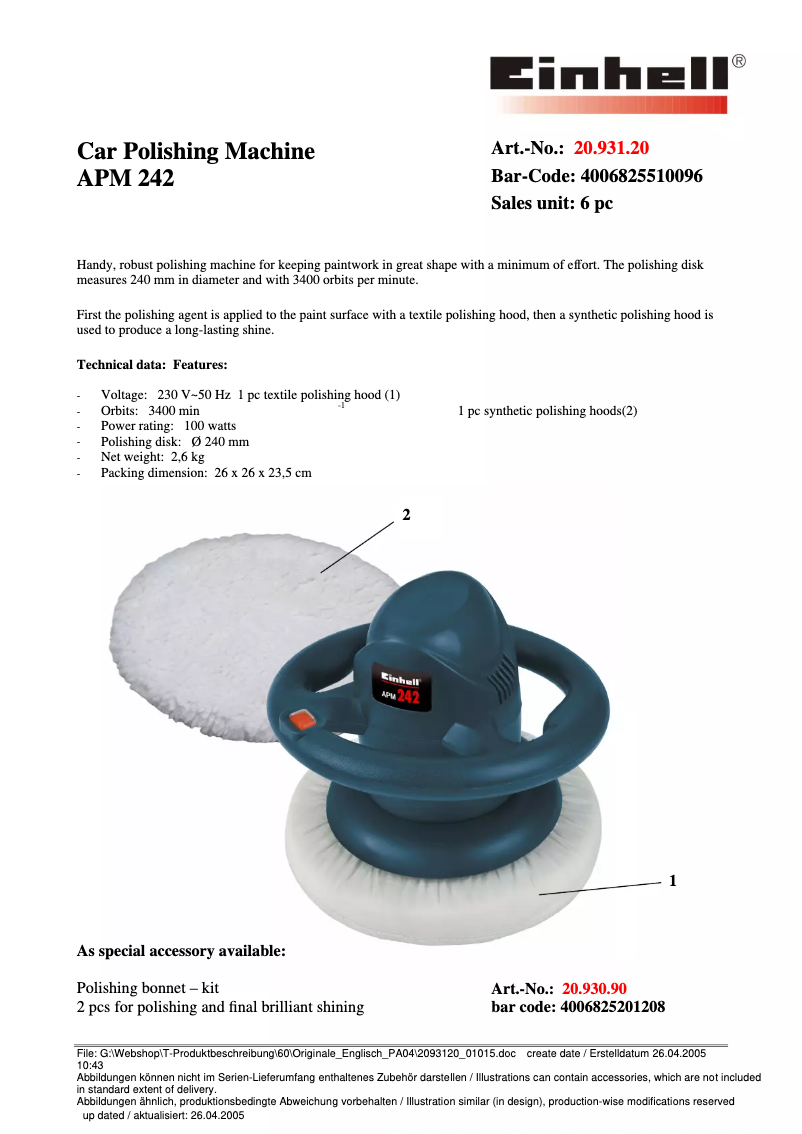 Página nº 1 - Ficha técnica Einhell APM 242