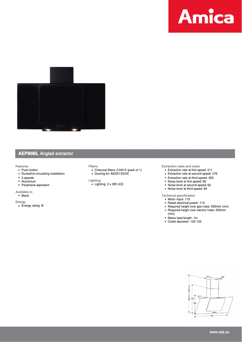 Página 1 del manual Ficha técnica Amica AEP90BL