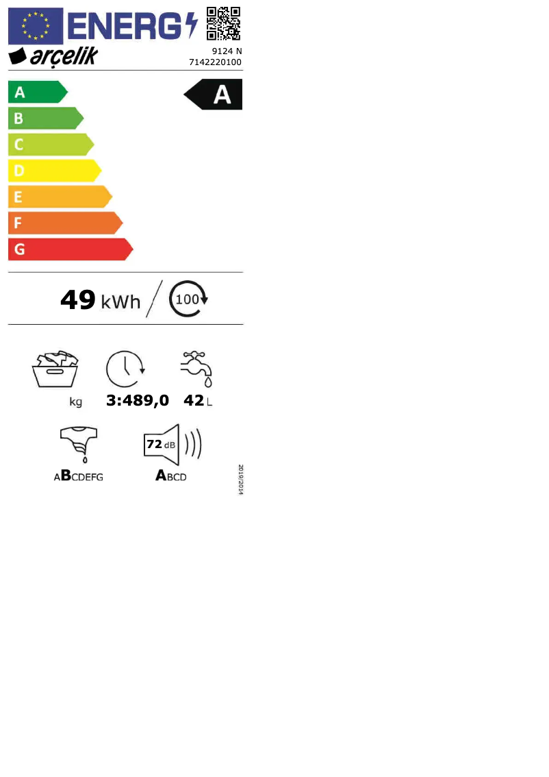 Página 1 del manual Etiqueta energética Arçelik 9124 N