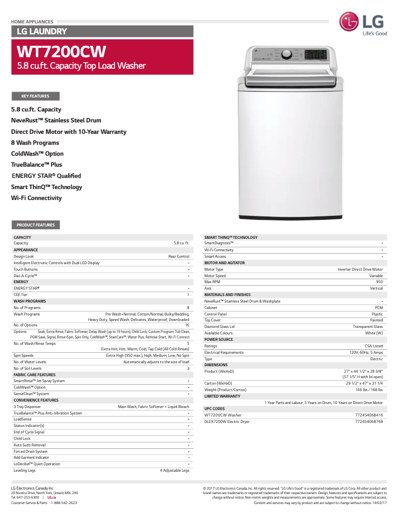 Página 1 del manual Ficha técnica LG WT7200CW