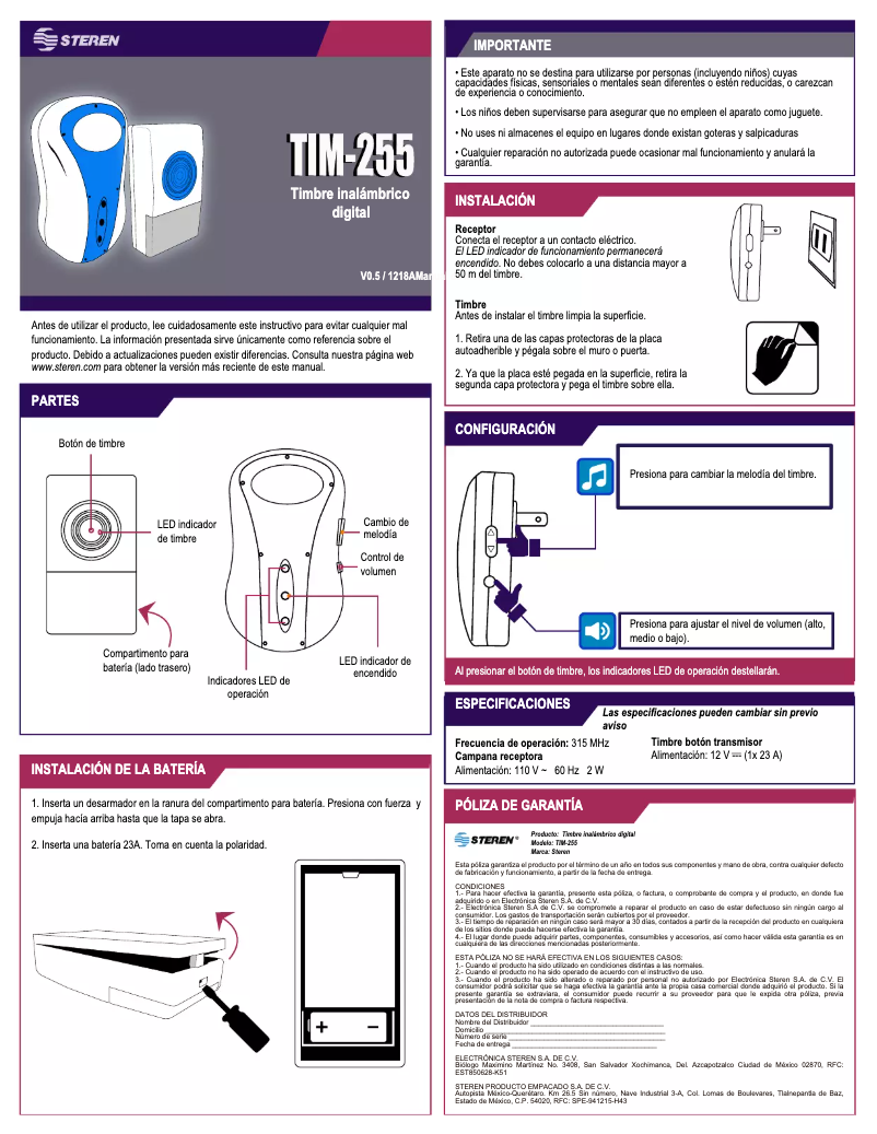 Página 1 del manual Manual de usuario Steren TIM-255