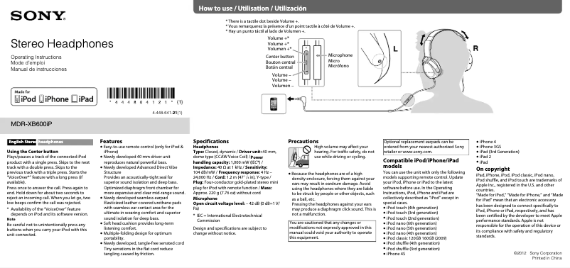 Imagen de la primera página del manual del dispositivo MDR-XB600IP