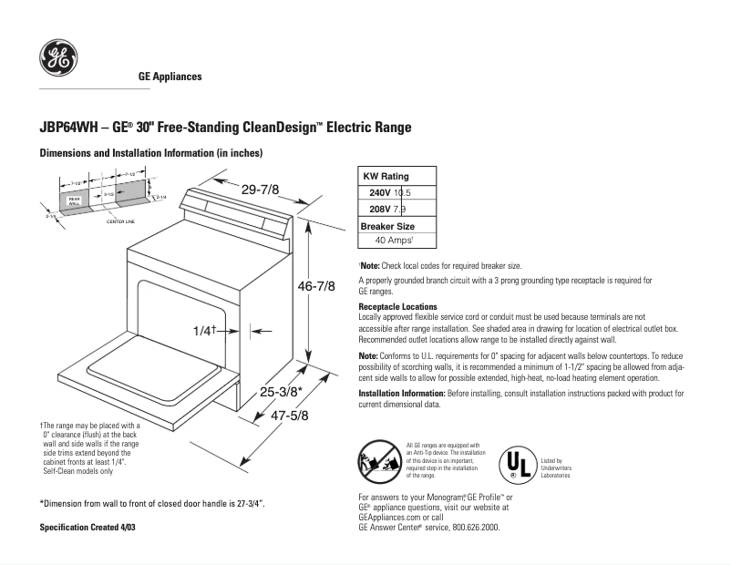 Imagen de la primera página del manual del dispositivo JBP64WHWW