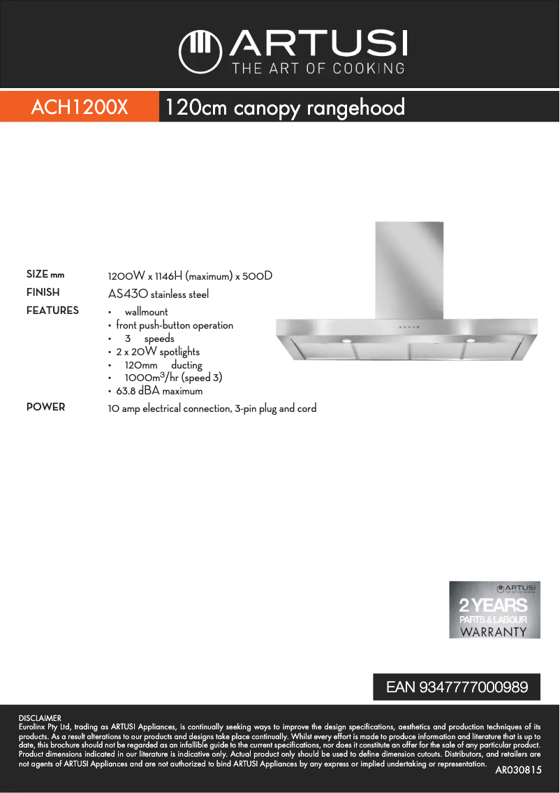 Página 1 del manual Ficha técnica Artusi ACH1200X