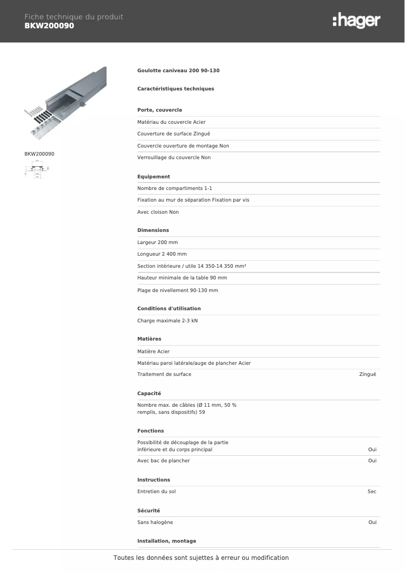 Página 1 del manual Ficha técnica Hager BKW200090