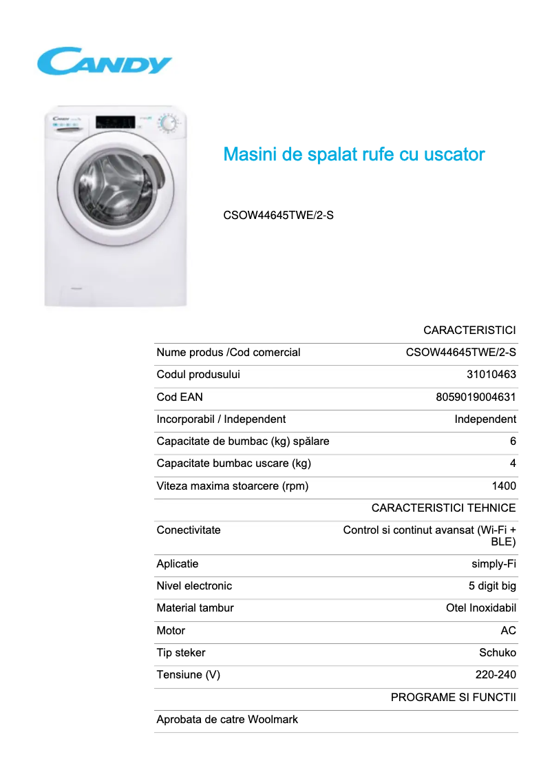 Página 1 del manual Ficha técnica Candy CSOW44645TWE/2-S