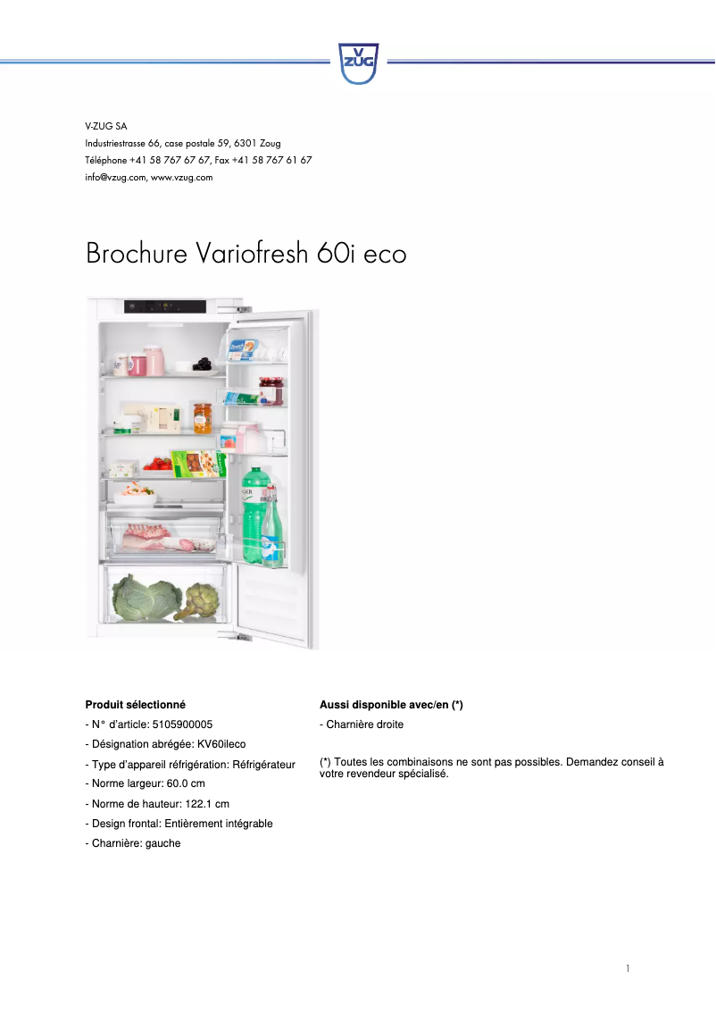 Página 1 del manual Manual de usuario V-Zug KV60ileco