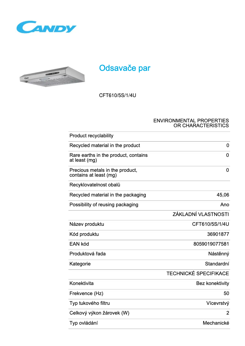 Página 1 del manual Ficha técnica Candy CFT610/5S/1/4U