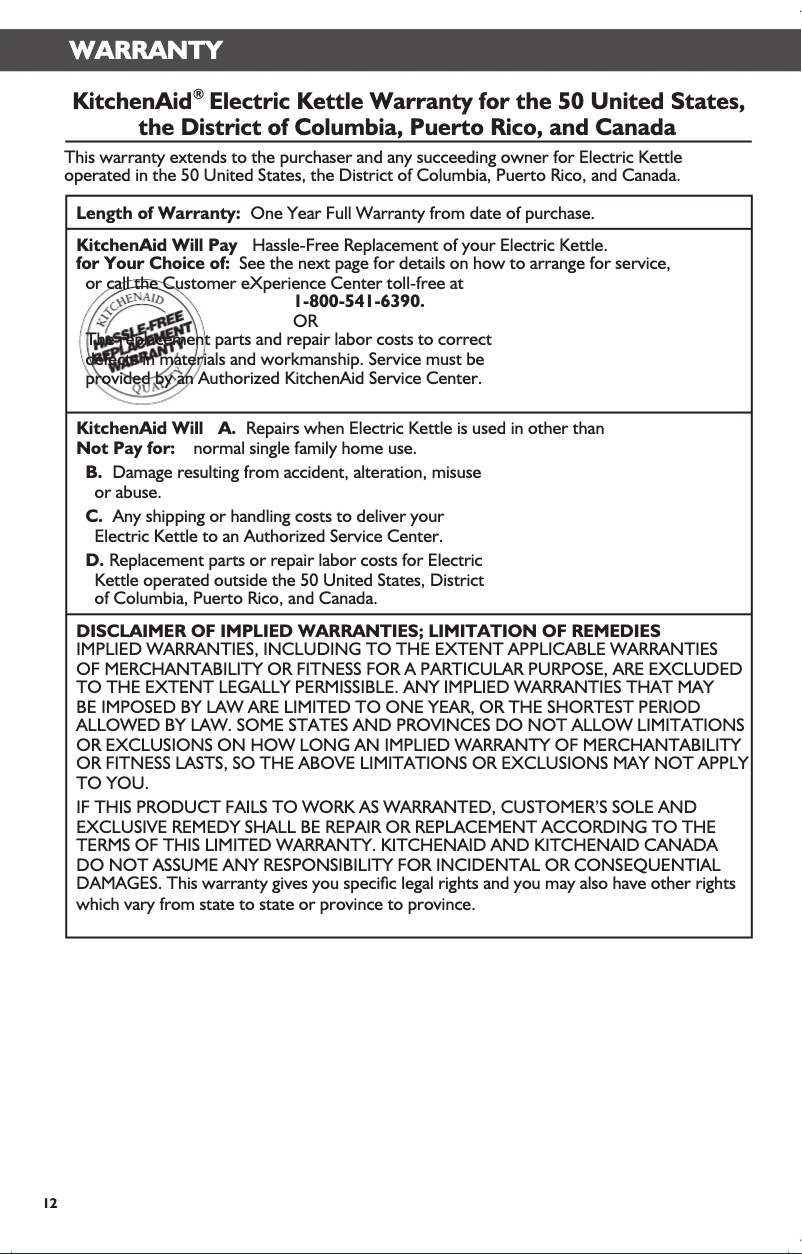 Página nº 1 - Información de garantía KitchenAid KEK1722CS