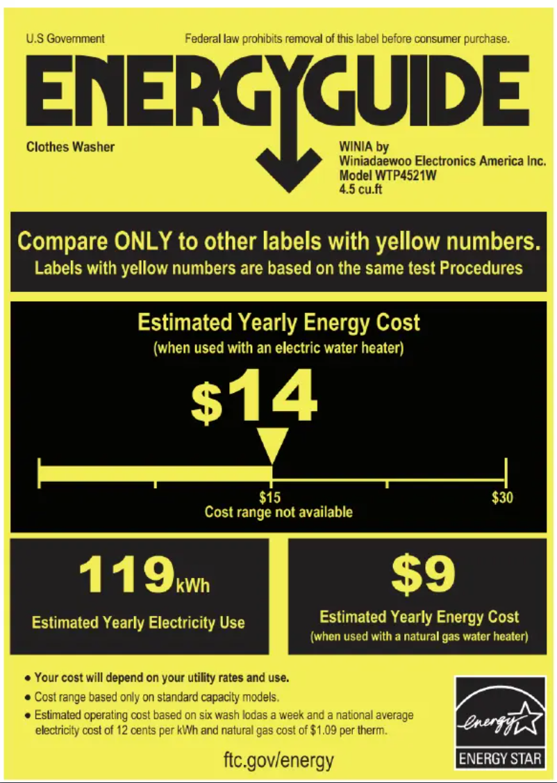 Página 1 del manual Etiqueta energética Winia WTP4521W