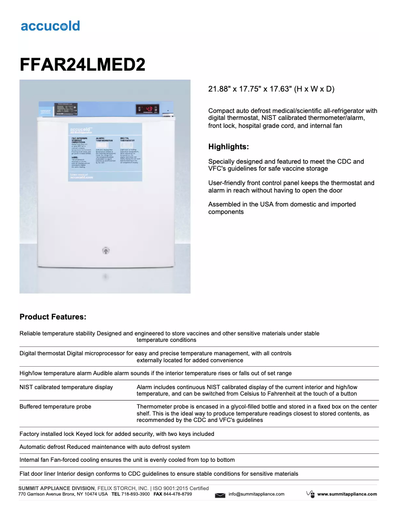 Imagen de la primera página del manual del dispositivo Accucold FFAR24LMED2