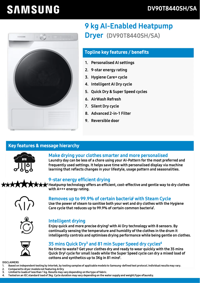Página 1 del manual Ficha técnica Samsung DV90T8440SH