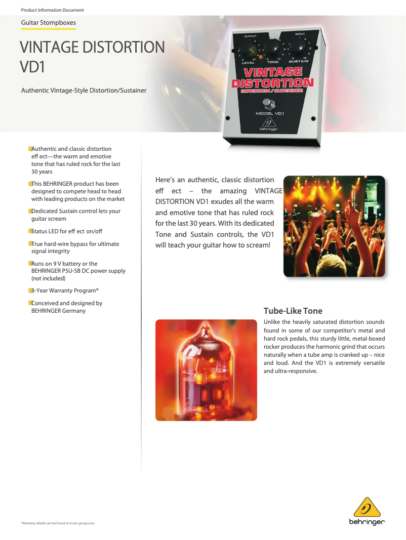 Página 1 del manual Ficha técnica Behringer Vintage Distortion VD1