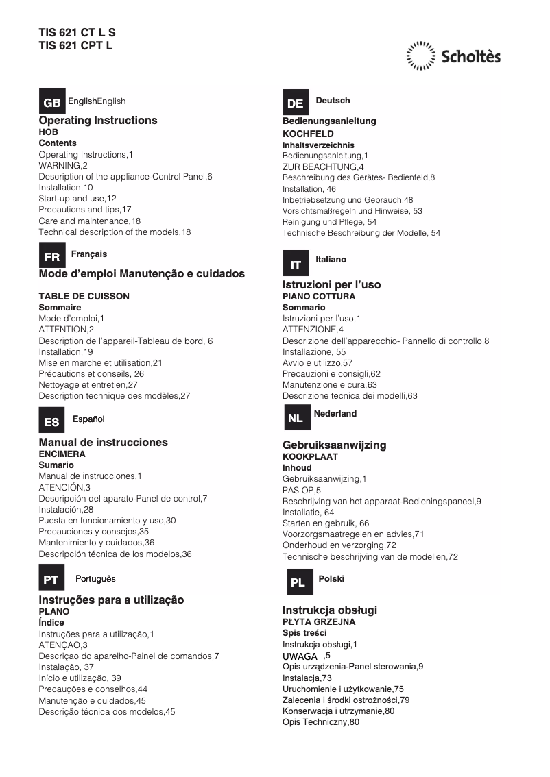 Página nº 1 - Manual de usuario Scholtès TIS 621 CPT L