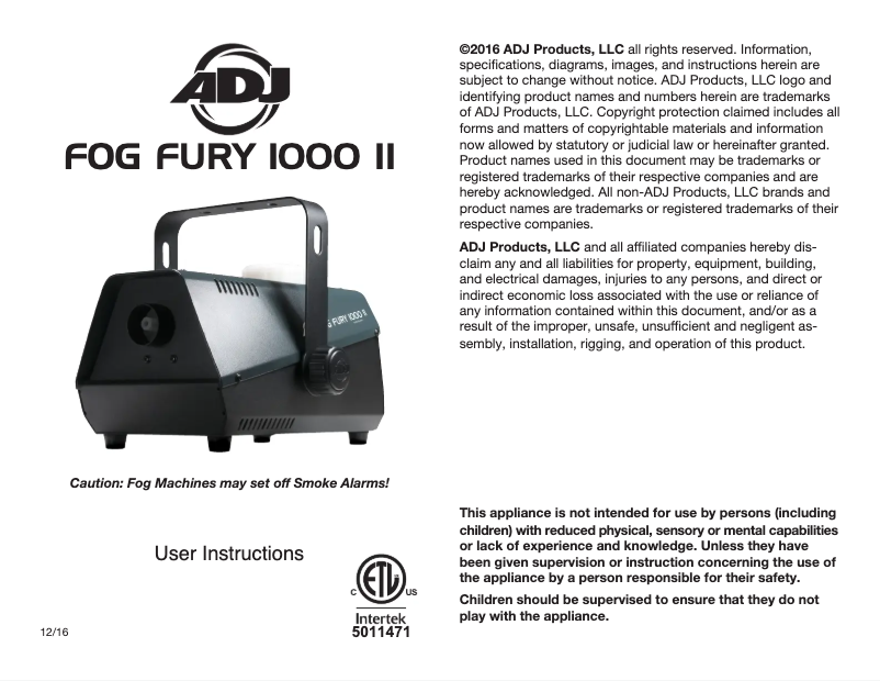 Imagen de la primera página del manual del dispositivo Fog Fury 1000 II