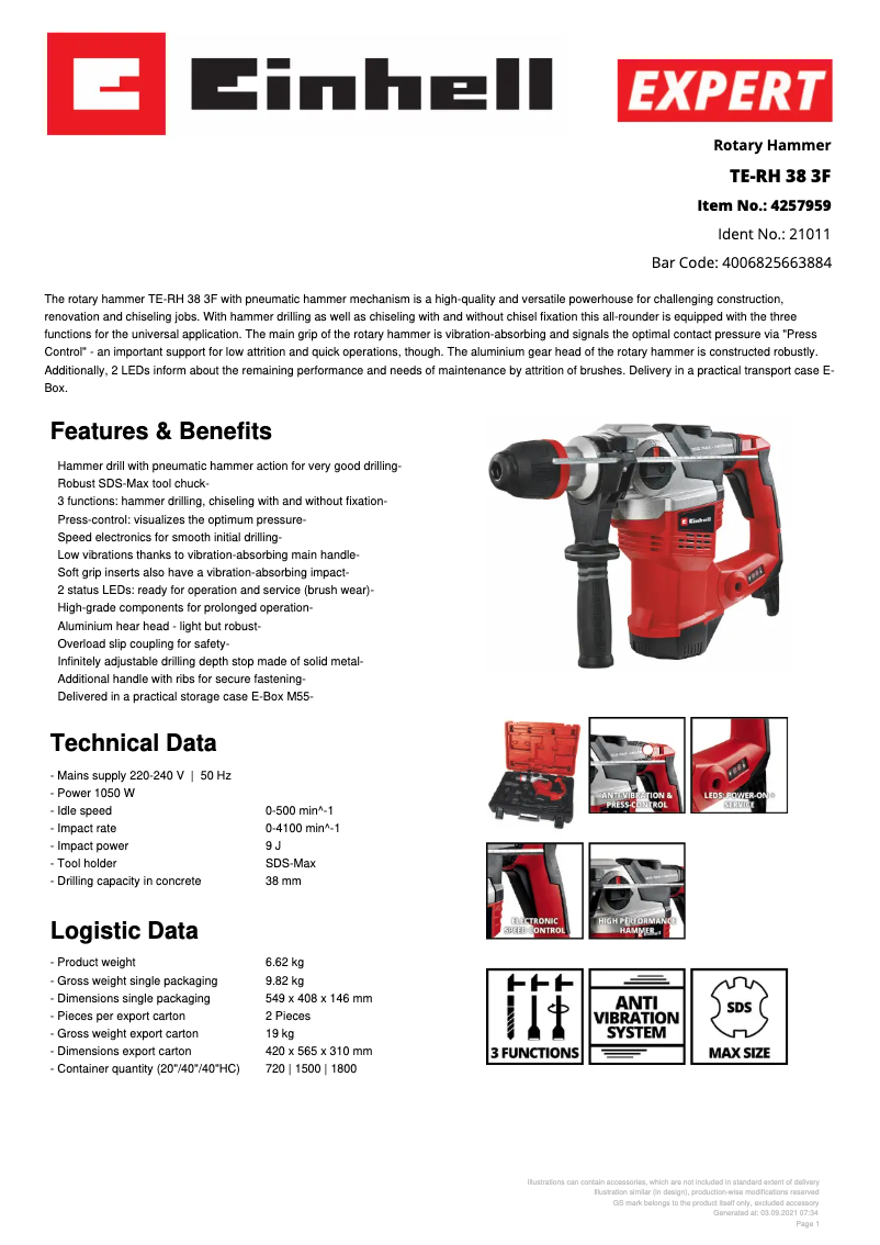 Página 1 del manual Ficha técnica Einhell TE-RH 38 3F