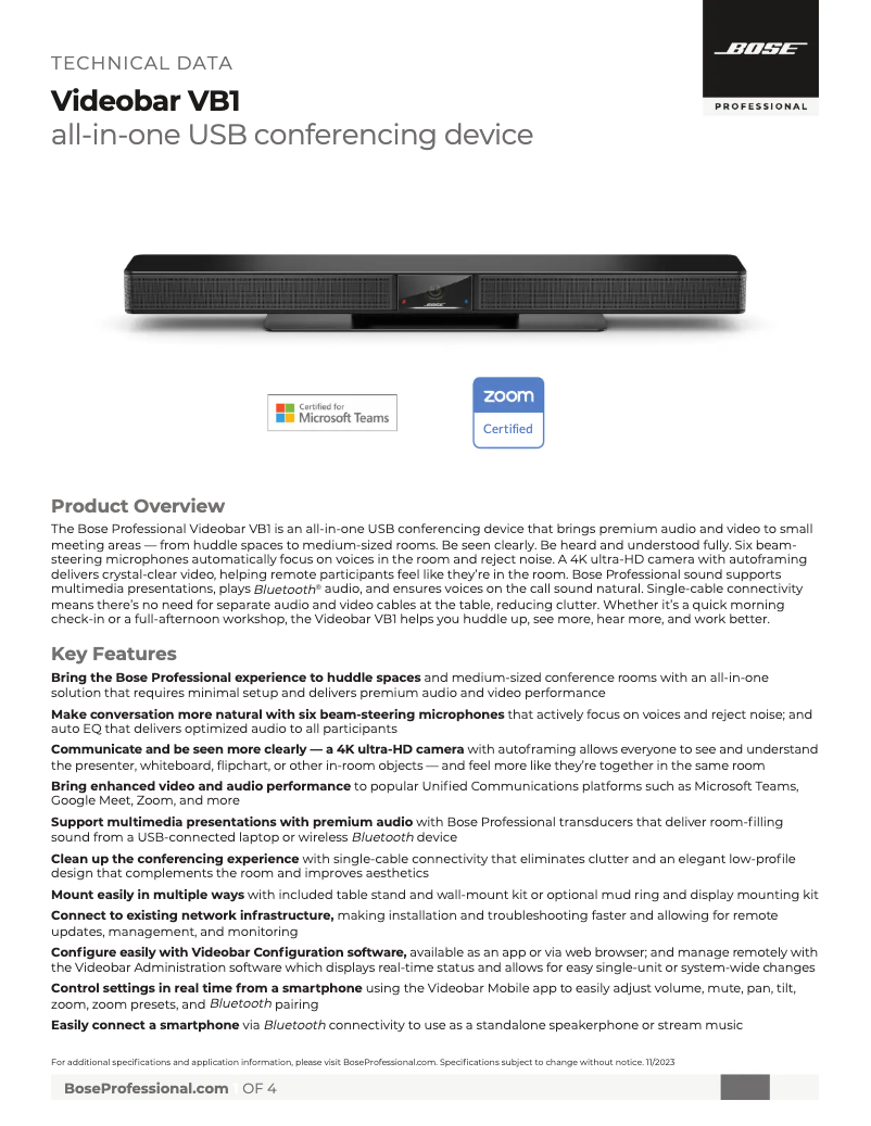 Página nº 1 - Ficha técnica Bose Videobar VB1