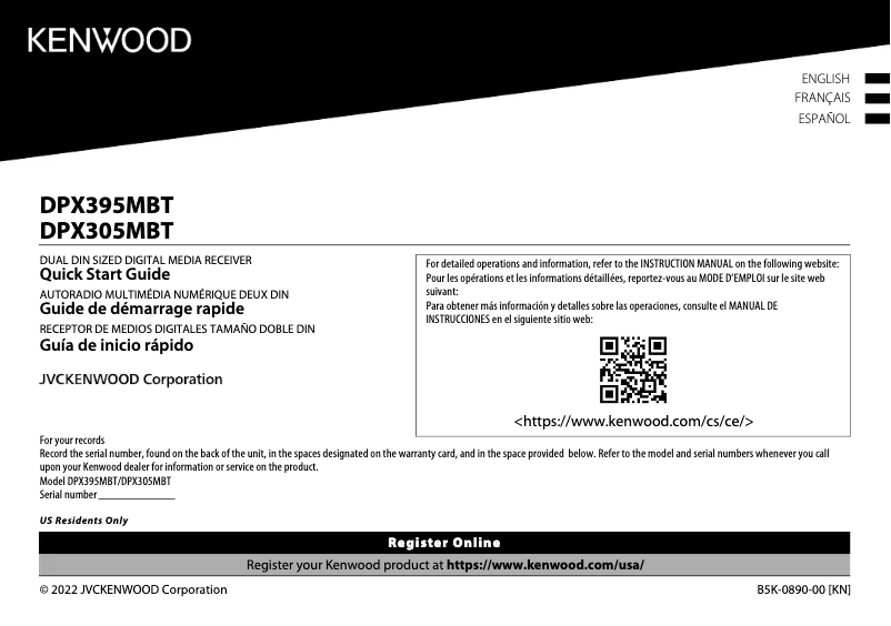 Página nº 1 - Guía de inicio rápido Kenwood DPX395MBT