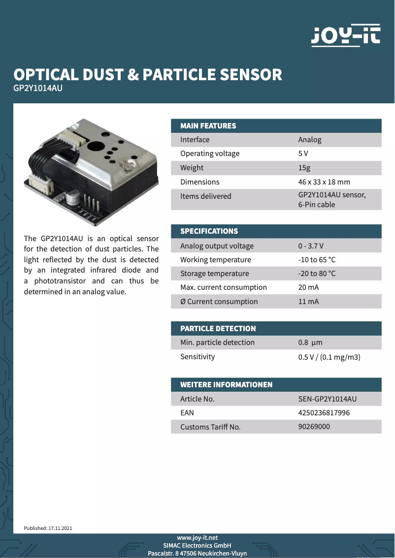 Imagen de la primera página del manual del dispositivo SEN-GP2Y1014AU