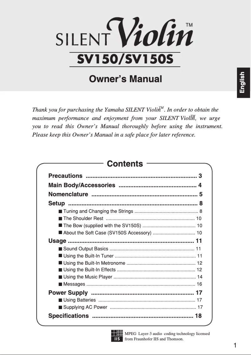 Página 1 del manual Manual de usuario Yamaha Silent Violin SV150S