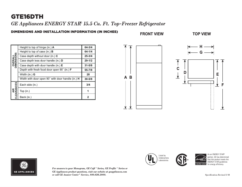 Página 1 del manual Ficha técnica GE GTE16DTHCC
