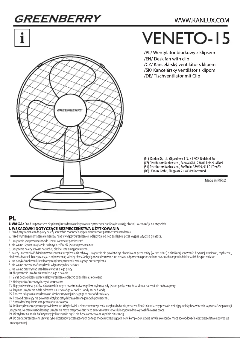 Imagen de la primera página del manual del dispositivo VENETO-15