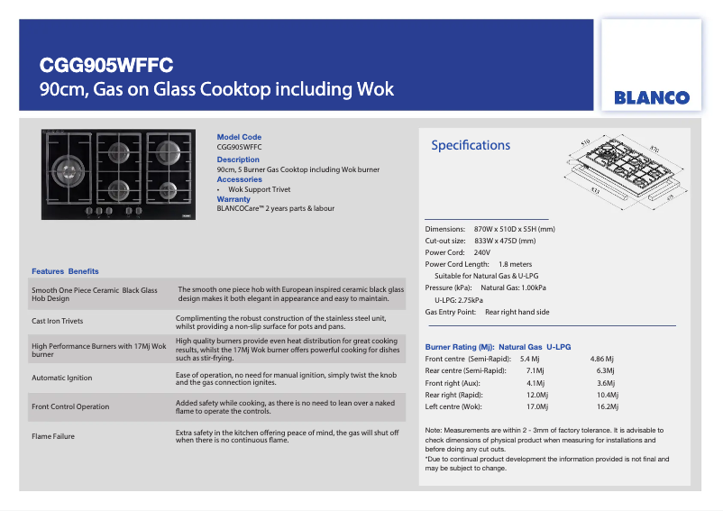 Página 1 del manual Ficha técnica BLANCO CGG905WFFC