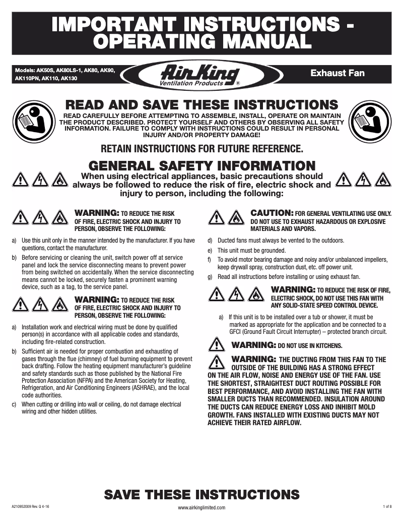 Página nº 1 - Manual de usuario Air King AK80LS-1