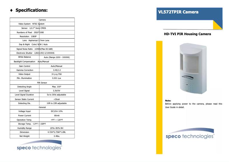 Imagen de la primera página del manual del dispositivo VL572TPIR
