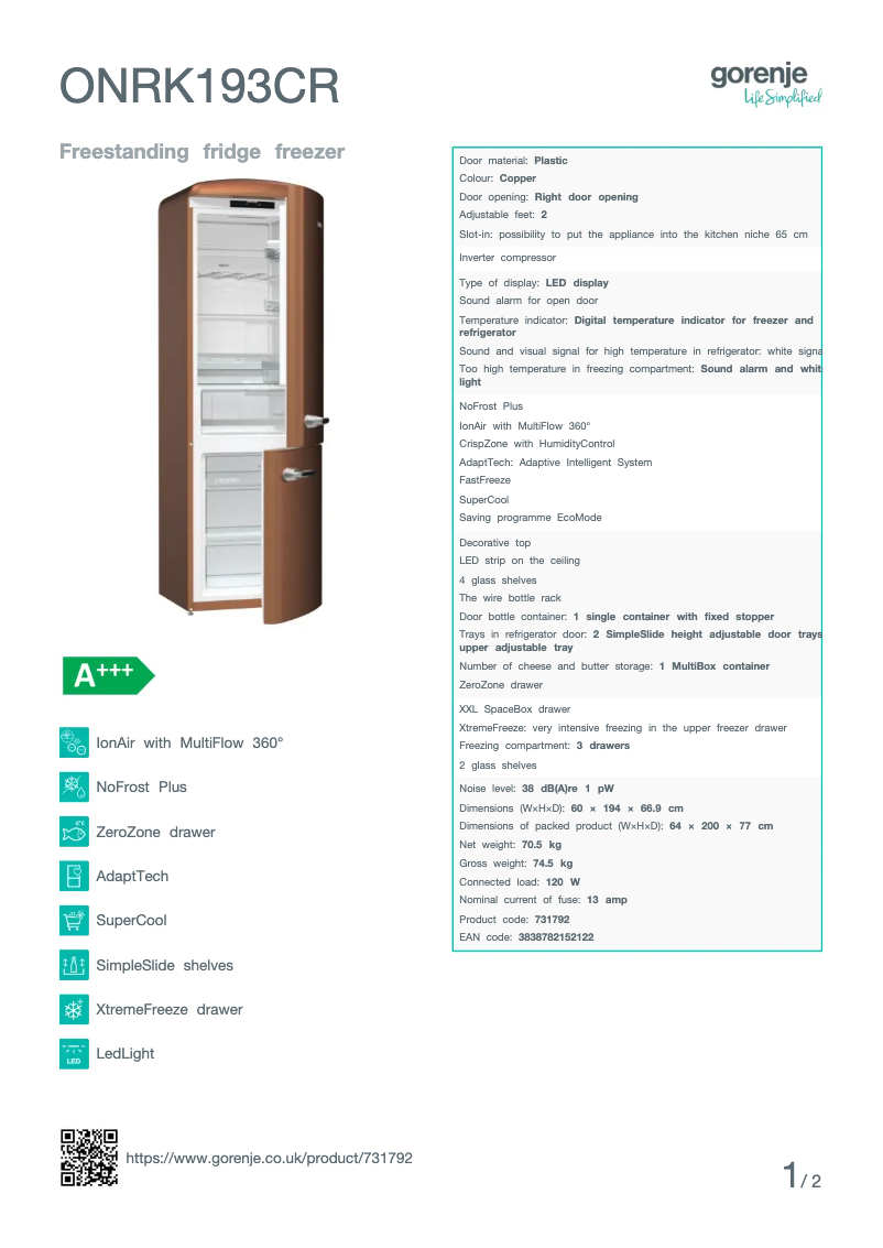 Página 1 del manual Ficha técnica Gorenje ONRK193CR