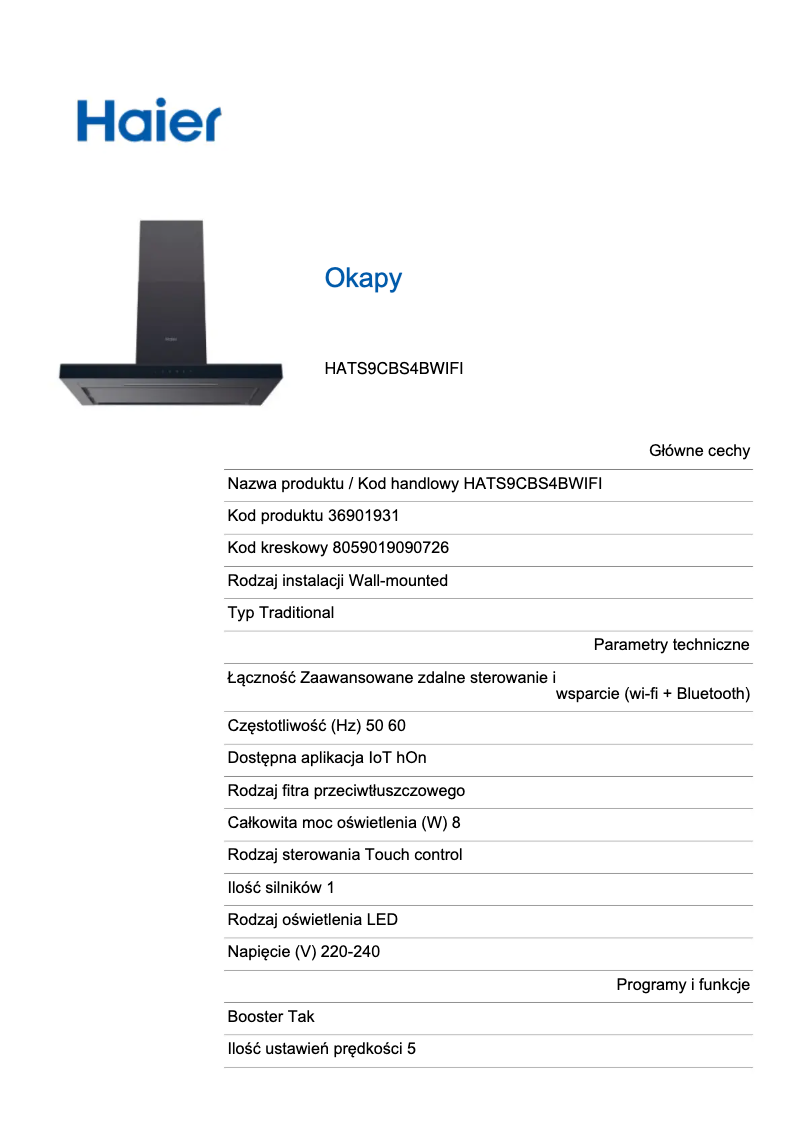 Imagen de la primera página del manual del dispositivo HATS9CBS4BWIFI