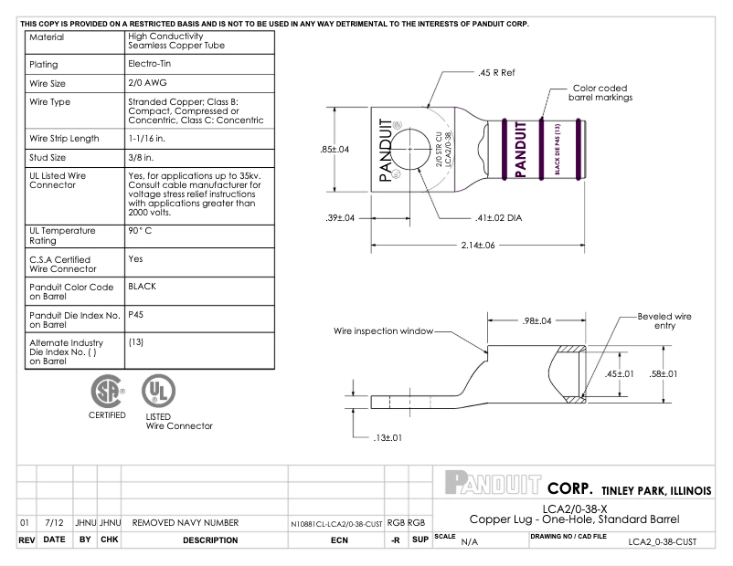 Página 1 del manual Dibujo técnico Panduit LCA2/0-38-X