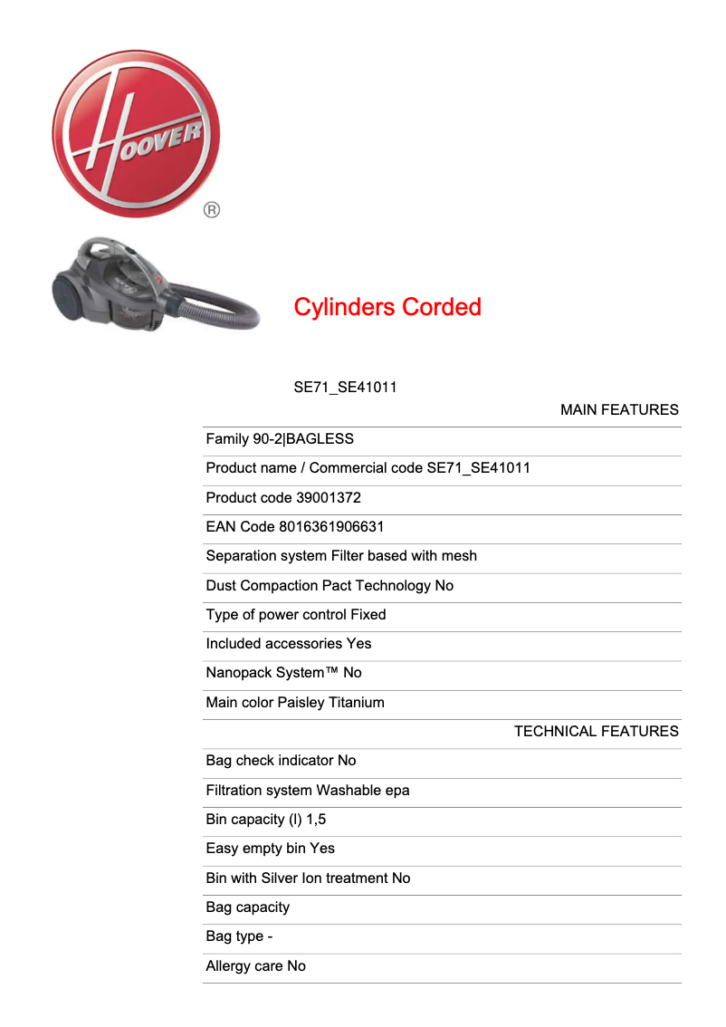 Página 1 del manual Ficha técnica Hoover SE71_SE41011