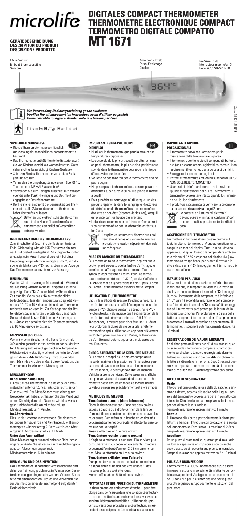 Página 1 del manual Manual de usuario Microlife MT 1671