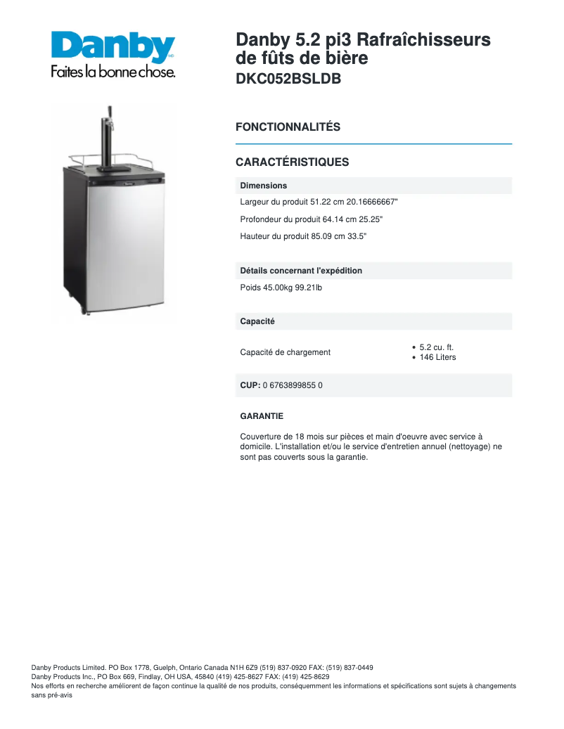 Página 1 del manual Ficha técnica Danby DKC052BSLDB