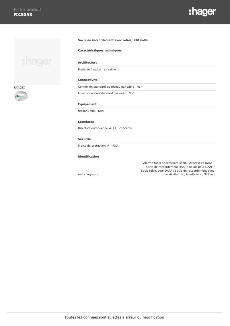 Página 1 del manual Ficha técnica Hager RXA05X