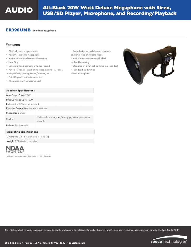 Página nº 1 - Ficha técnica Speco Technologies ER390UMB