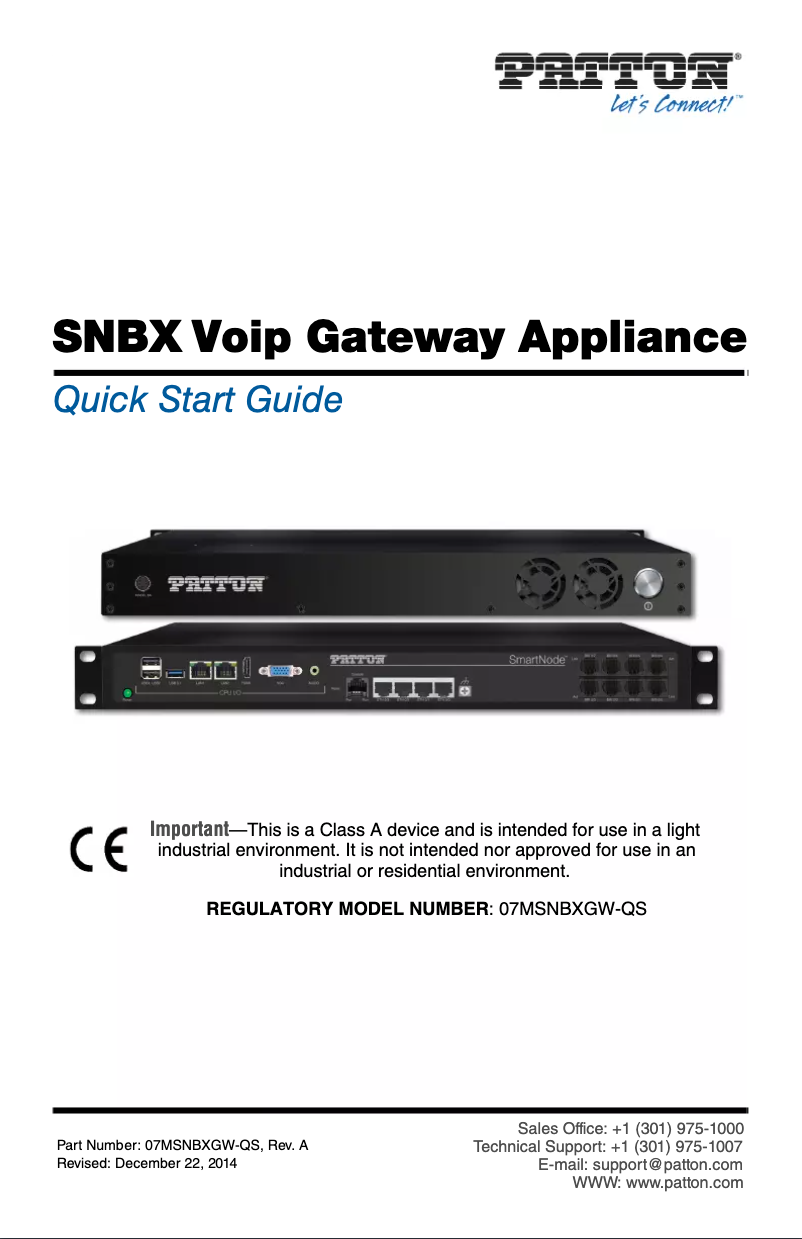 Imagen de la primera página del manual del dispositivo SmartNode Branch eXchange