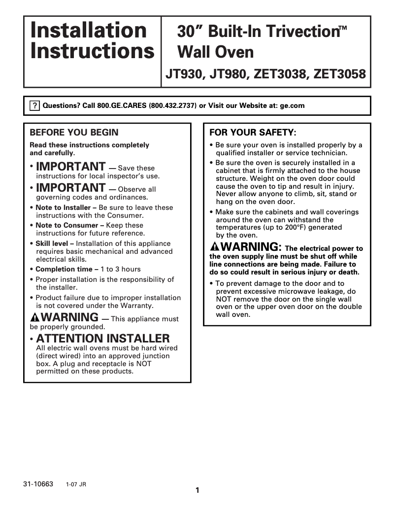 Página 1 del manual Guía de instalación GE ZET3058SHSS