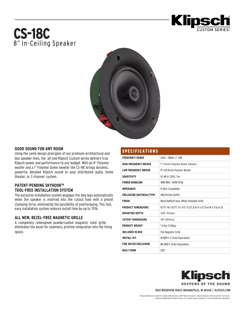 Página 1 del manual Ficha técnica Klipsch CS-18C