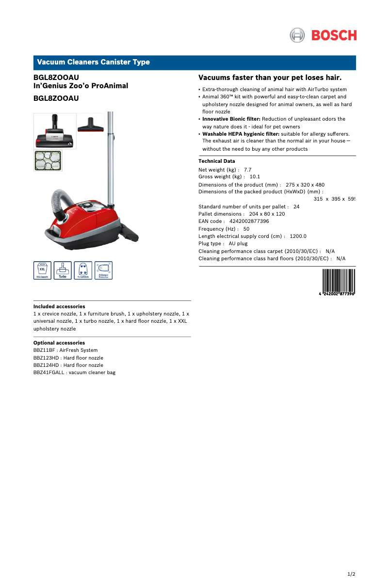 Página nº 1 - Ficha técnica Bosch In'genius ProAnimal BGL8ZOO
