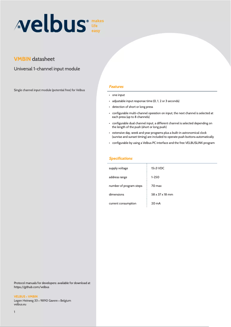 Página 1 del manual Ficha técnica Velbus VMBIN